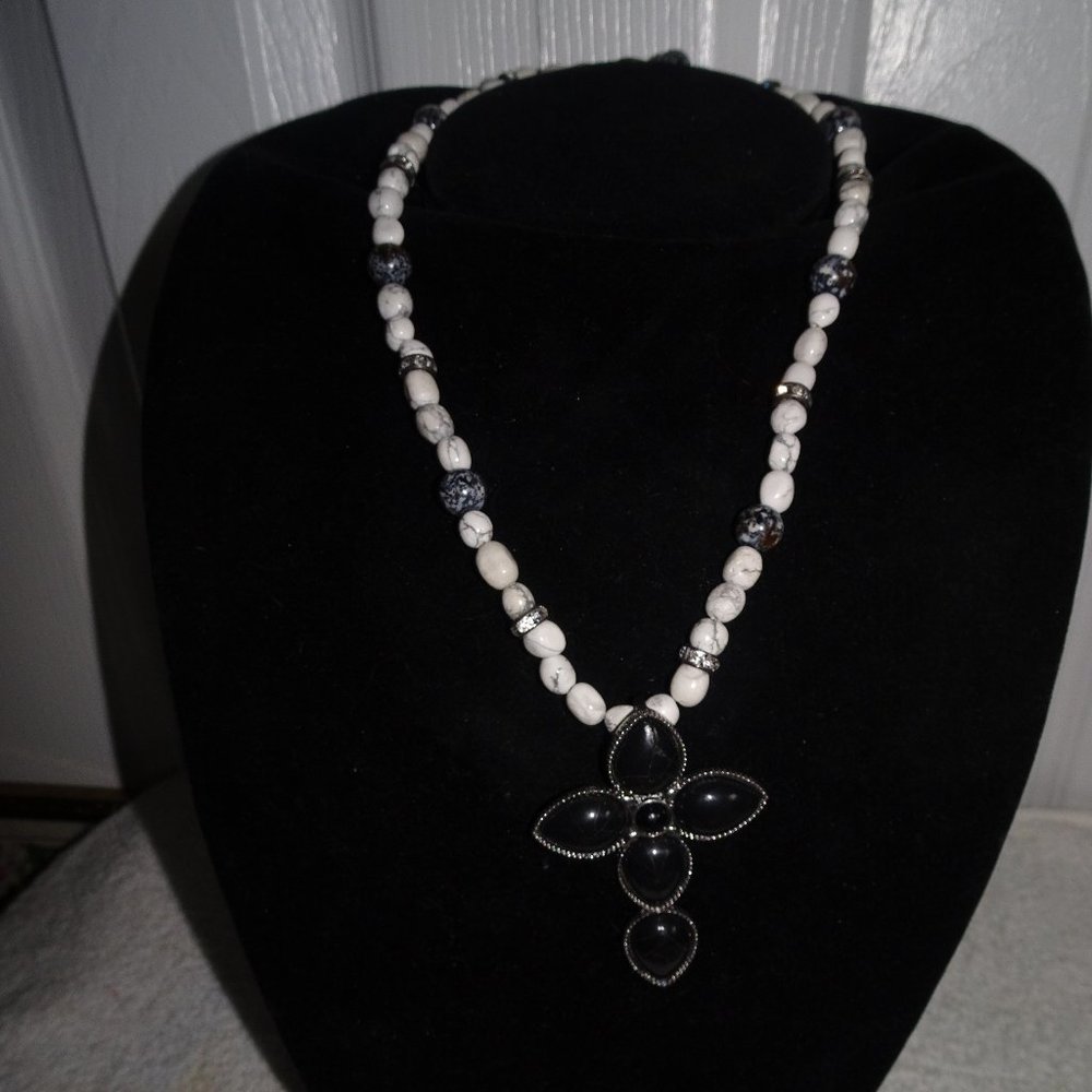 White Black Beaded Stone~Plastic Cross Necklace